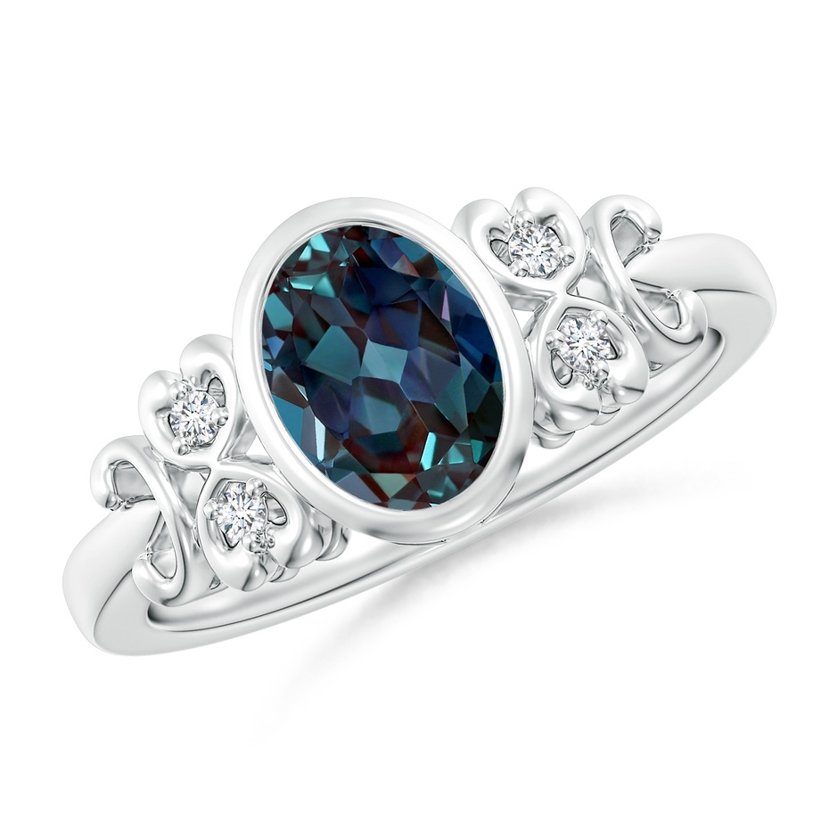 8x6mm Labgrown Vintage Style Bezel-Set Oval Lab-Grown Alexandrite Ring with Diamonds in 18K White Gold 