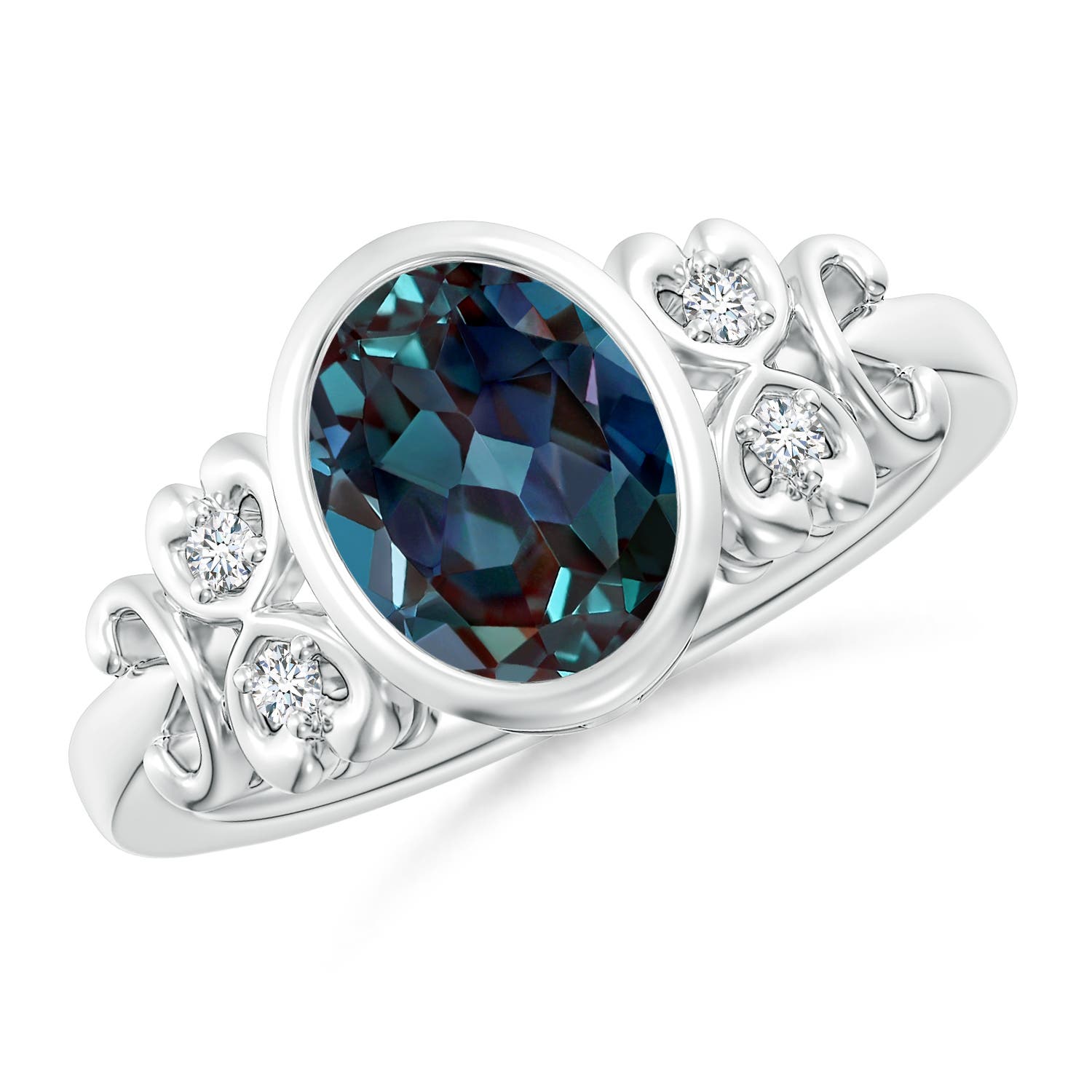 9x7mm Labgrown Vintage Style Bezel-Set Oval Lab-Grown Alexandrite Ring with Diamonds in 18K White Gold