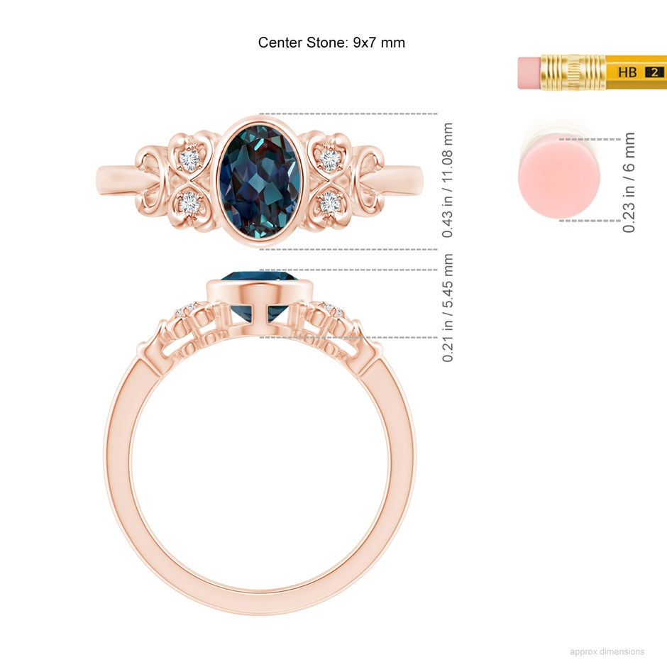 9x7mm Labgrown Vintage Style Bezel-Set Oval Lab-Grown Alexandrite Ring with Diamonds in Rose Gold ruler