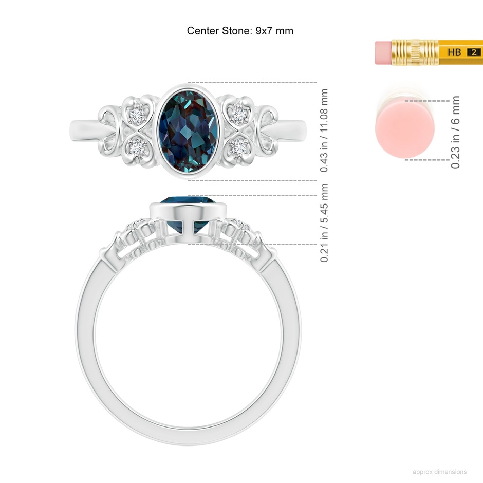 9x7mm Labgrown Vintage Style Bezel-Set Oval Lab-Grown Alexandrite Ring with Diamonds in White Gold ruler