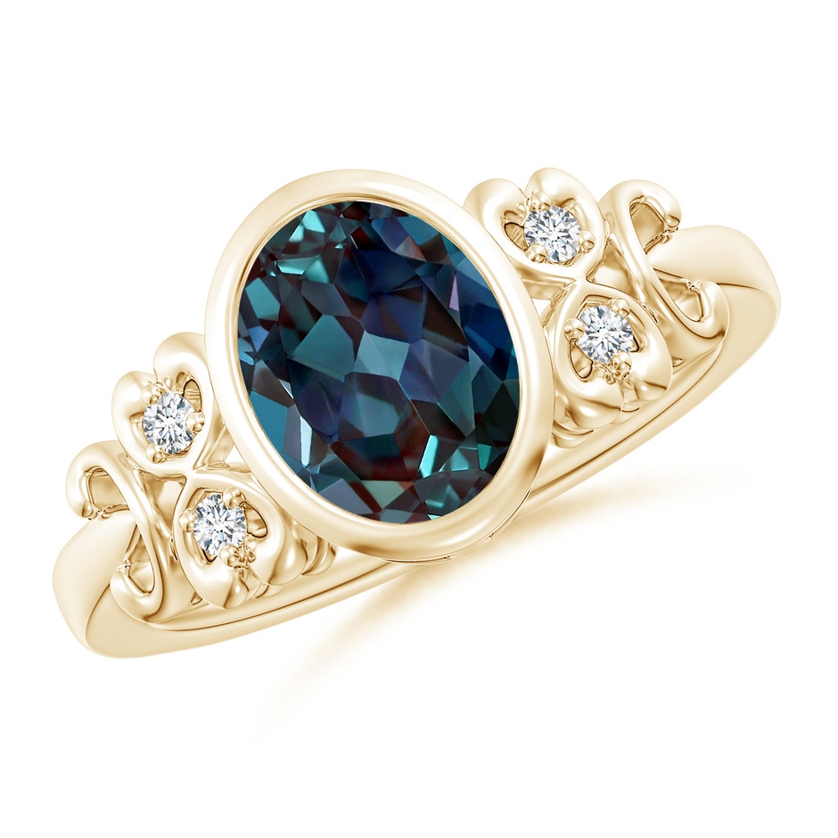 9x7mm Labgrown Vintage Style Bezel-Set Oval Lab-Grown Alexandrite Ring with Diamonds in Yellow Gold 