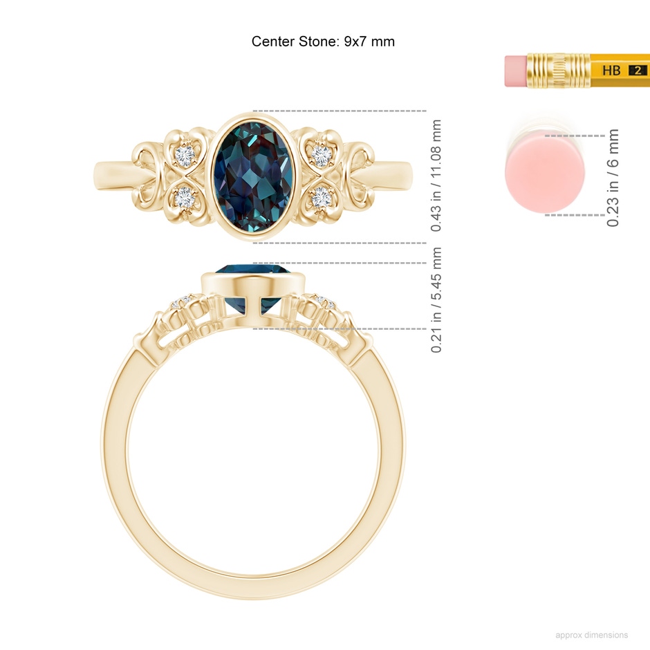 9x7mm Labgrown Vintage Style Bezel-Set Oval Lab-Grown Alexandrite Ring with Diamonds in Yellow Gold ruler
