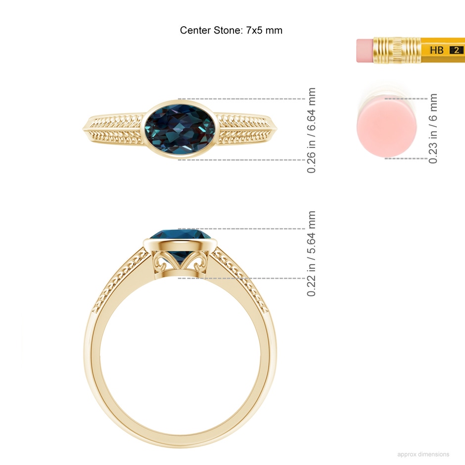 7x5mm Labgrown Vintage Inspired Bezel-Set Lab-Grown Alexandrite Ring with Grooves in Yellow Gold ruler