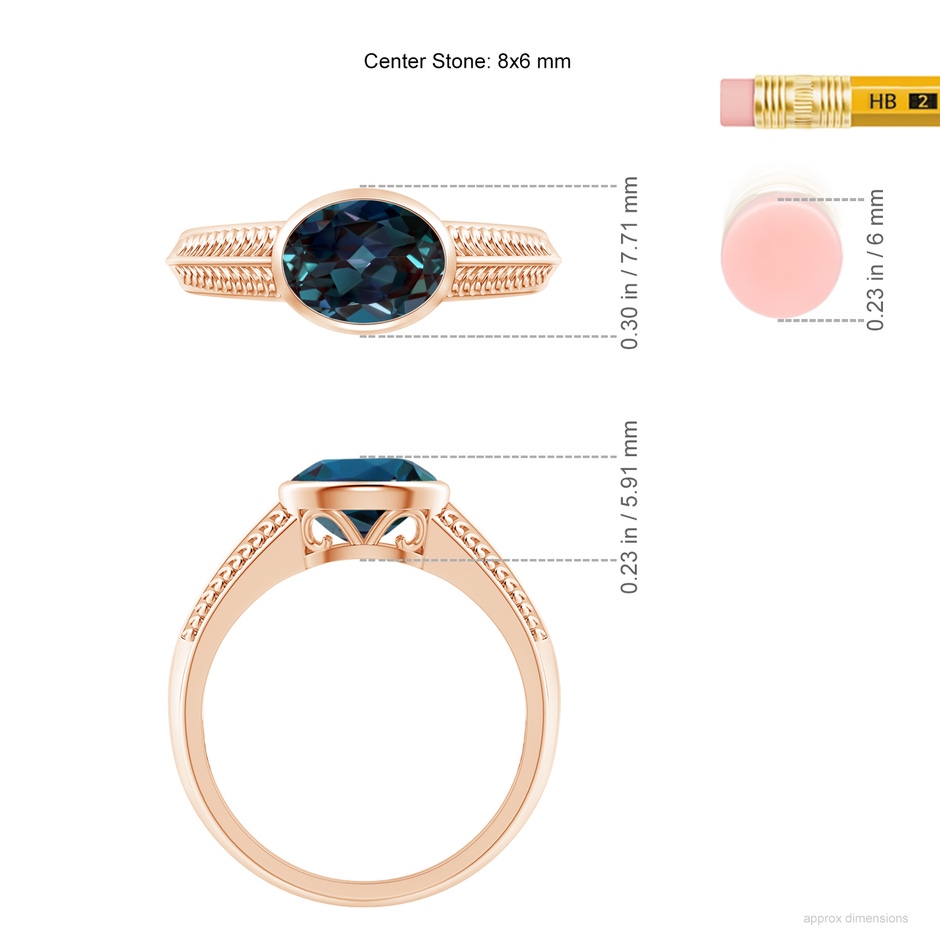 8x6mm Labgrown Vintage Inspired Bezel-Set Lab-Grown Alexandrite Ring with Grooves in Rose Gold ruler