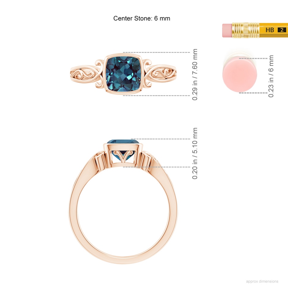6mm Labgrown Vintage Style Cushion Lab-Grown Alexandrite Solitaire Ring in Rose Gold ruler