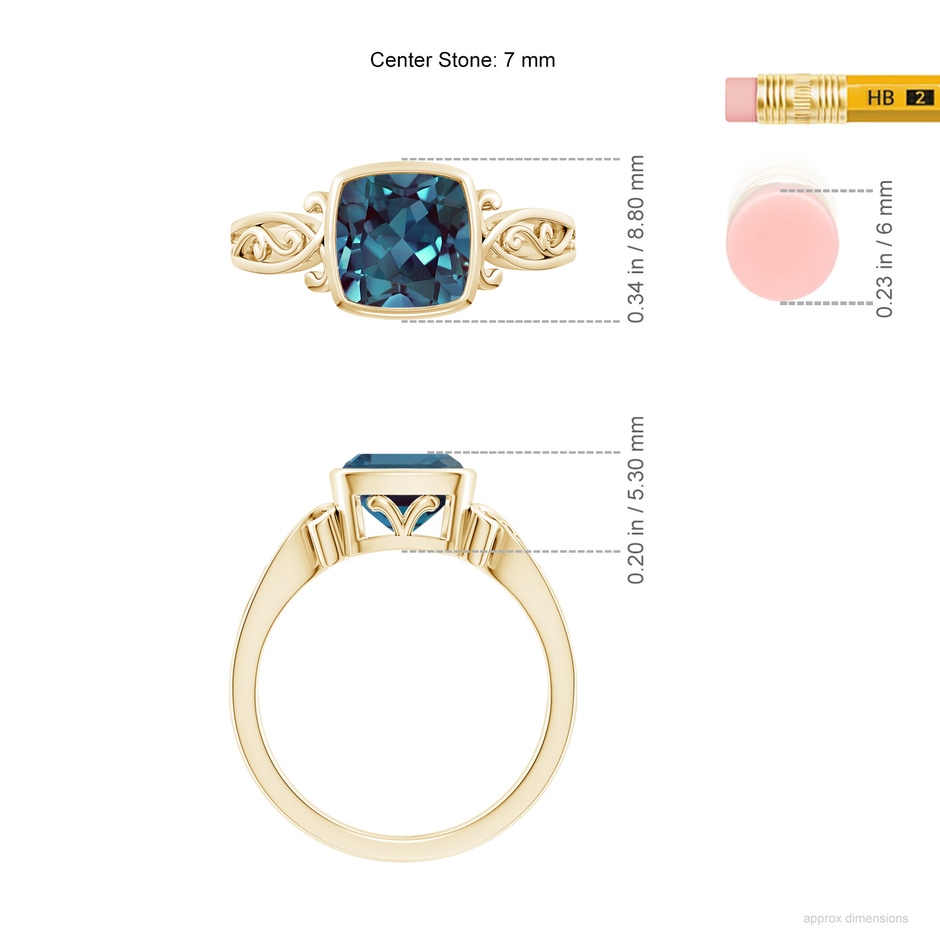 7mm Labgrown Vintage Style Cushion Lab-Grown Alexandrite Solitaire Ring in Yellow Gold ruler