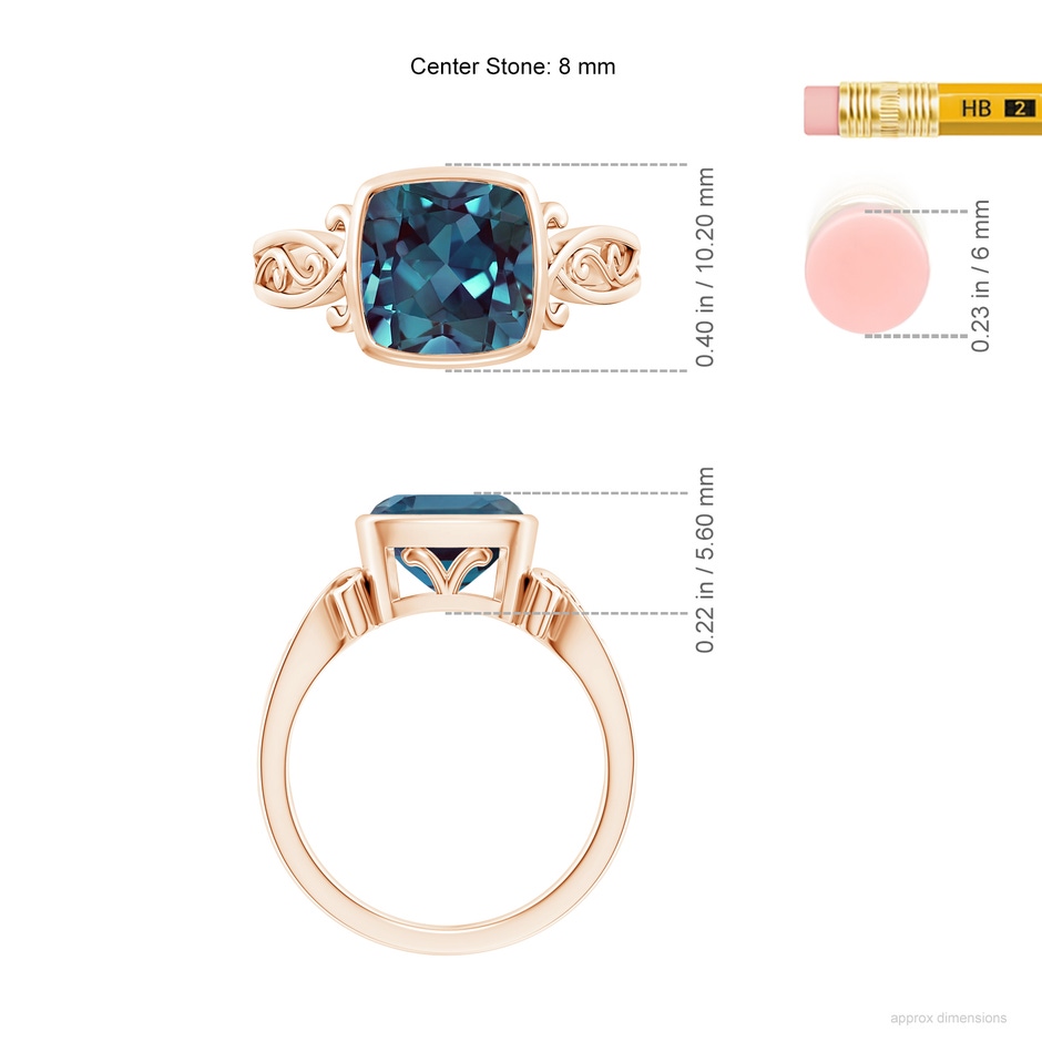 8mm Labgrown Vintage Style Cushion Lab-Grown Alexandrite Solitaire Ring in Rose Gold ruler