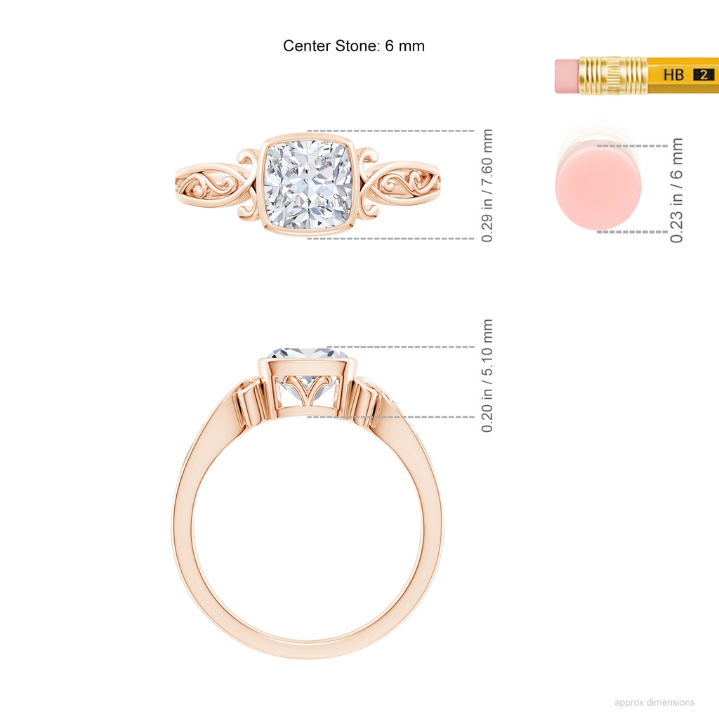 6mm FGVS Lab-Grown Vintage Style Cushion Diamond Solitaire Ring in Rose Gold ruler