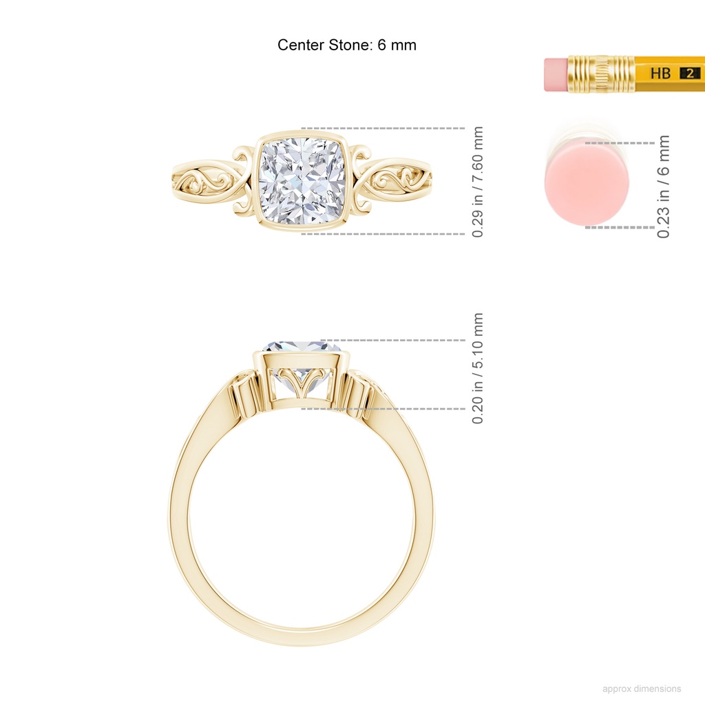 6mm FGVS Lab-Grown Vintage Style Cushion Diamond Solitaire Ring in Yellow Gold ruler