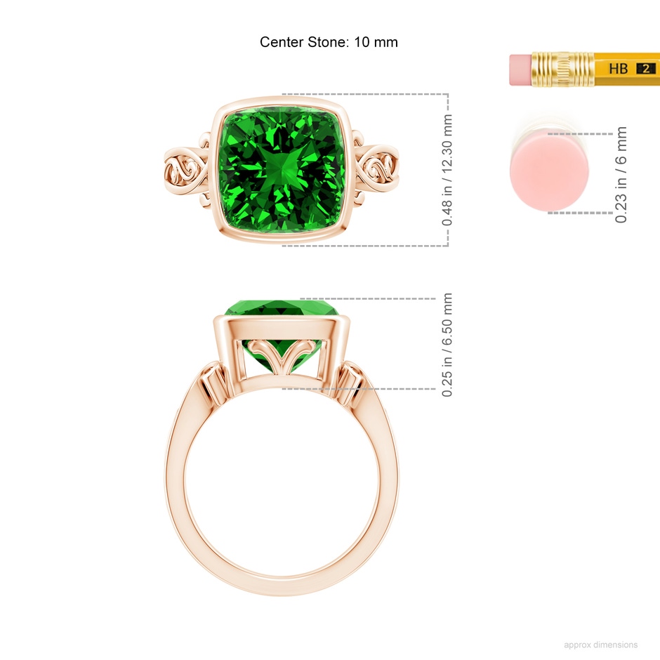 10mm Labgrown Lab-Grown Vintage Style Cushion Emerald Solitaire Ring in Rose Gold ruler
