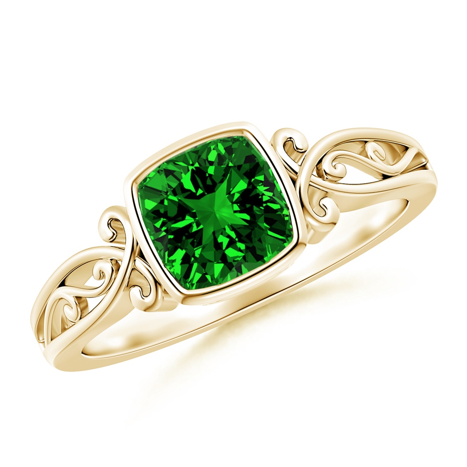 6mm Labgrown Lab-Grown Vintage Style Cushion Emerald Solitaire Ring in Yellow Gold 