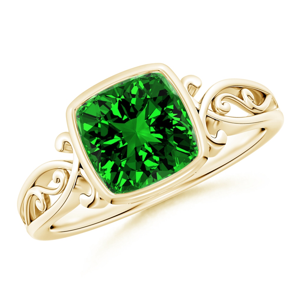 7mm Labgrown Lab-Grown Vintage Style Cushion Emerald Solitaire Ring in Yellow Gold 