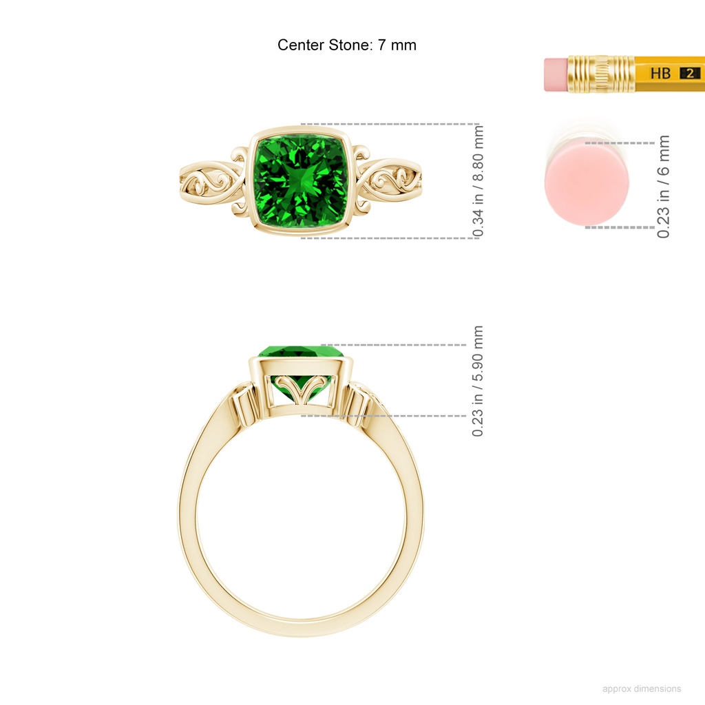 7mm Labgrown Lab-Grown Vintage Style Cushion Emerald Solitaire Ring in Yellow Gold ruler