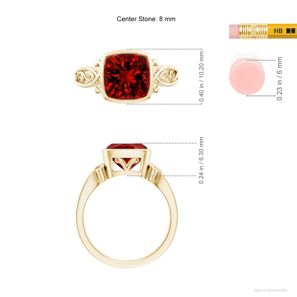 8mm Labgrown Lab-Grown Vintage Style Cushion Ruby Solitaire Ring in Yellow Gold ruler