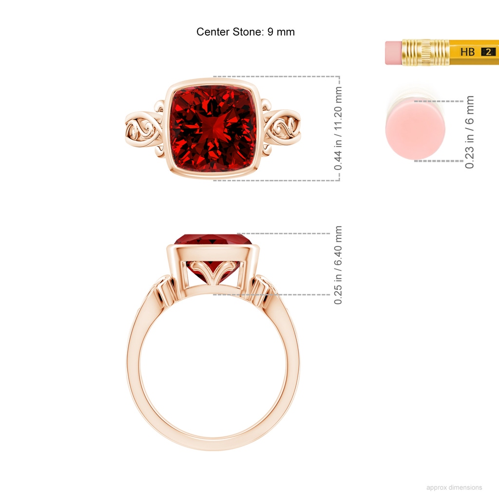 9mm Labgrown Lab-Grown Vintage Style Cushion Ruby Solitaire Ring in Rose Gold ruler