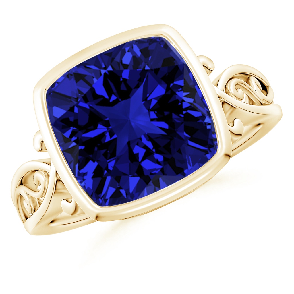 10mm Labgrown Lab-Grown Vintage Style Cushion Sapphire Solitaire Ring in Yellow Gold