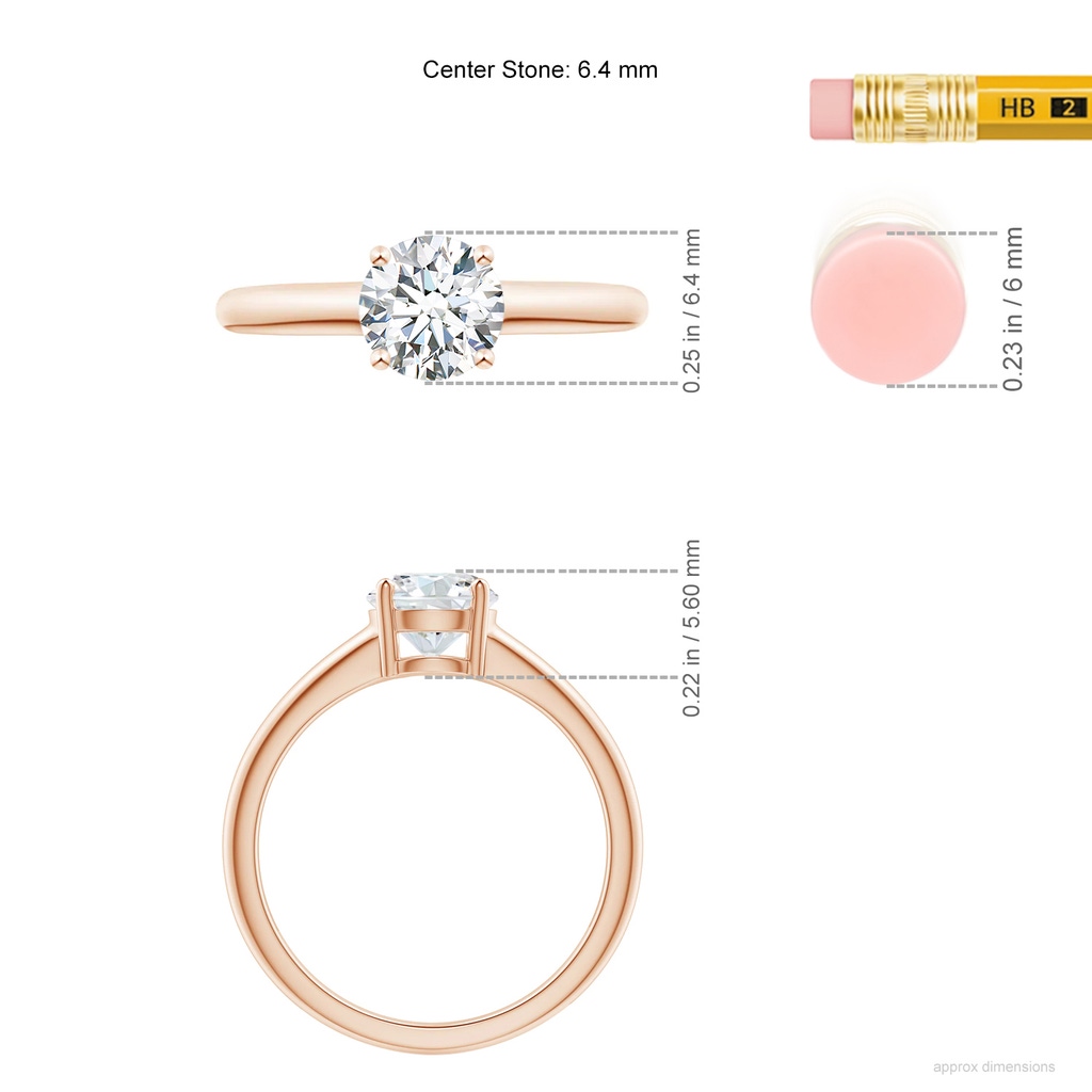 6.4mm FGVS Lab-Grown Round Diamond Solitaire Engagement Ring in Rose Gold ruler