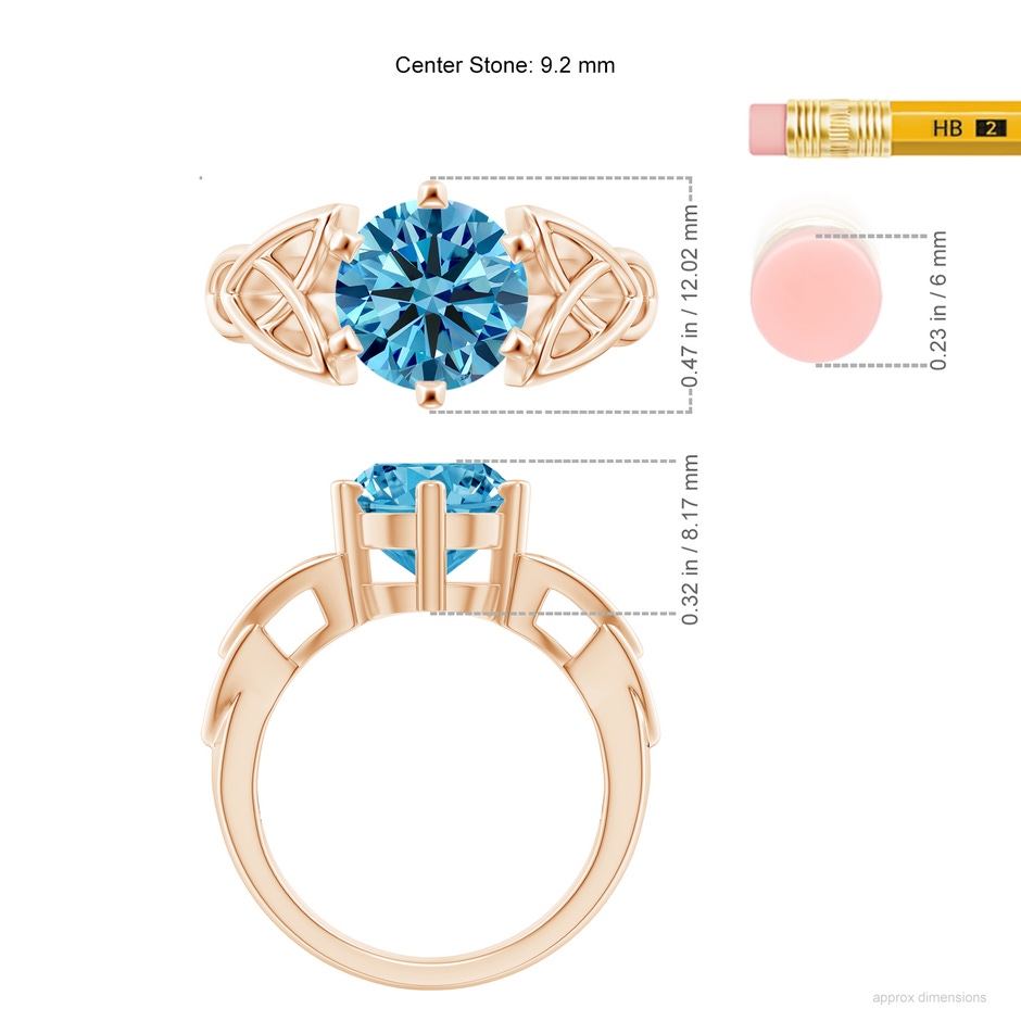 9.2mm Labgrown Solitaire Round Lab-Grown Fancy Intense Blue Diamond Celtic Knot Ring in Rose Gold ruler