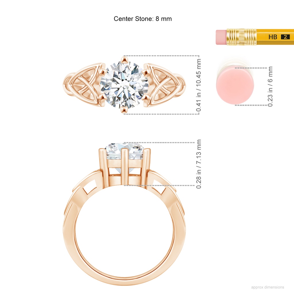8.1mm FGVS Lab-Grown Solitaire Round Diamond Celtic Knot Ring in Rose Gold ruler