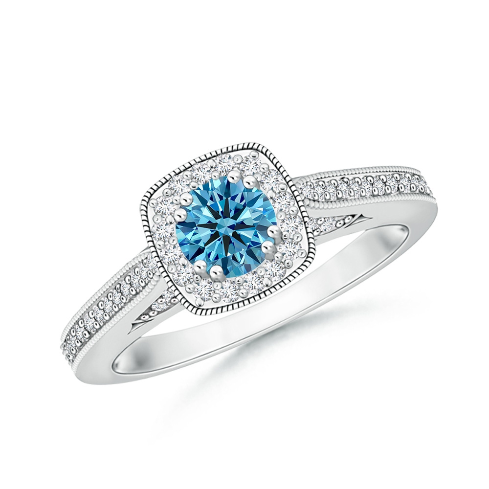 4.5mm Labgrown Round Lab-Grown Fancy Intense Blue Diamond Cushion Halo Ring with Milgrain in P950 Platinum