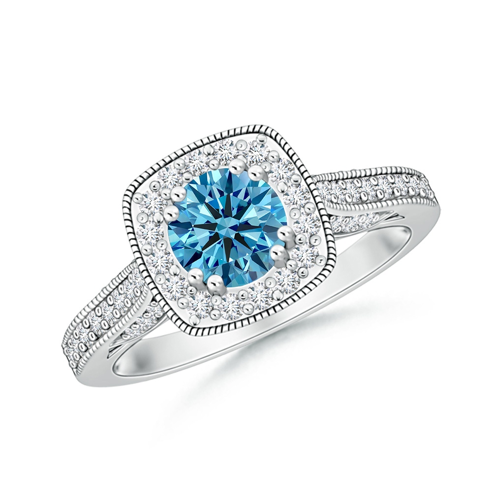 5.5mm Labgrown Round Lab-Grown Fancy Intense Blue Diamond Cushion Halo Ring with Milgrain in White Gold