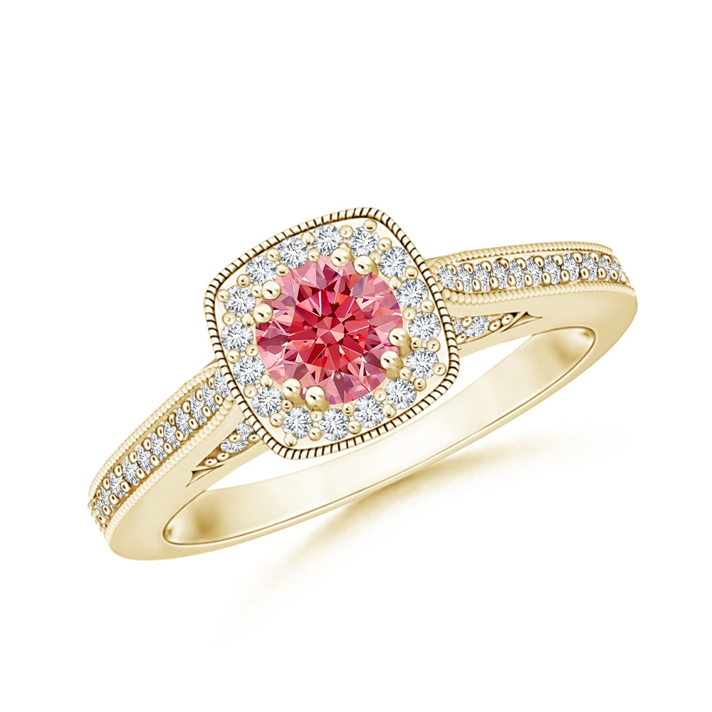 4.5mm Labgrown Round Lab-Grown Fancy Intense Pink Diamond Cushion Halo Ring with Milgrain in Yellow Gold