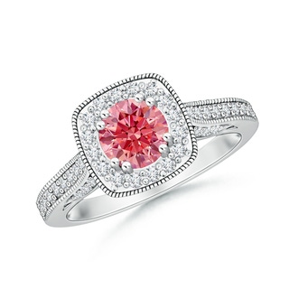 5.5mm Labgrown Round Lab-Grown Fancy Intense Pink Diamond Cushion Halo Ring with Milgrain in 18K White Gold
