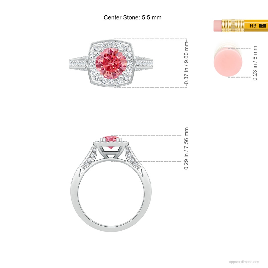 5.5mm Labgrown Round Lab-Grown Fancy Intense Pink Diamond Cushion Halo Ring with Milgrain in White Gold ruler