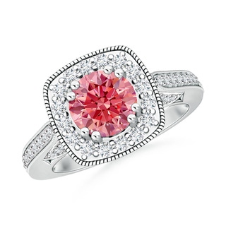 7.2mm Labgrown Round Lab-Grown Fancy Intense Pink Diamond Cushion Halo Ring with Milgrain in 10K White Gold