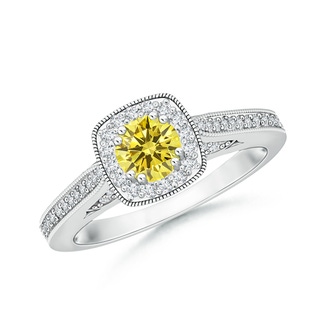 4.5mm Labgrown Round Lab-Grown Fancy Intense Yellow Diamond Cushion Halo Ring with Milgrain in 10K White Gold