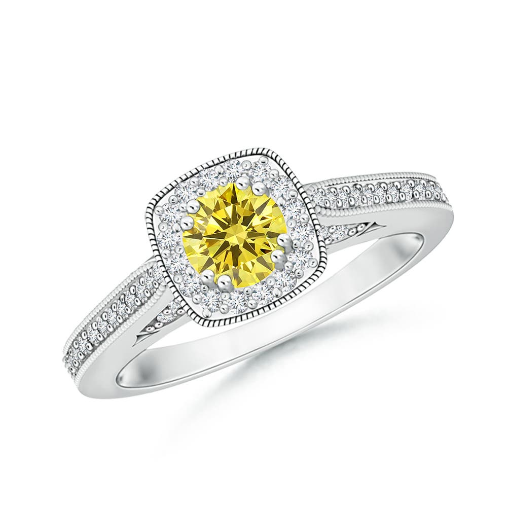 4.5mm Labgrown Round Lab-Grown Fancy Intense Yellow Diamond Cushion Halo Ring with Milgrain in White Gold