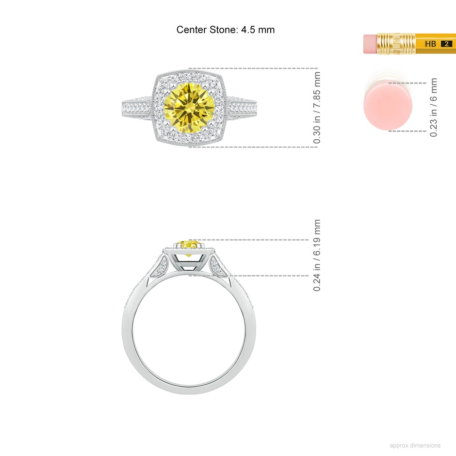 4.5mm Labgrown Round Lab-Grown Fancy Intense Yellow Diamond Cushion Halo Ring with Milgrain in White Gold ruler