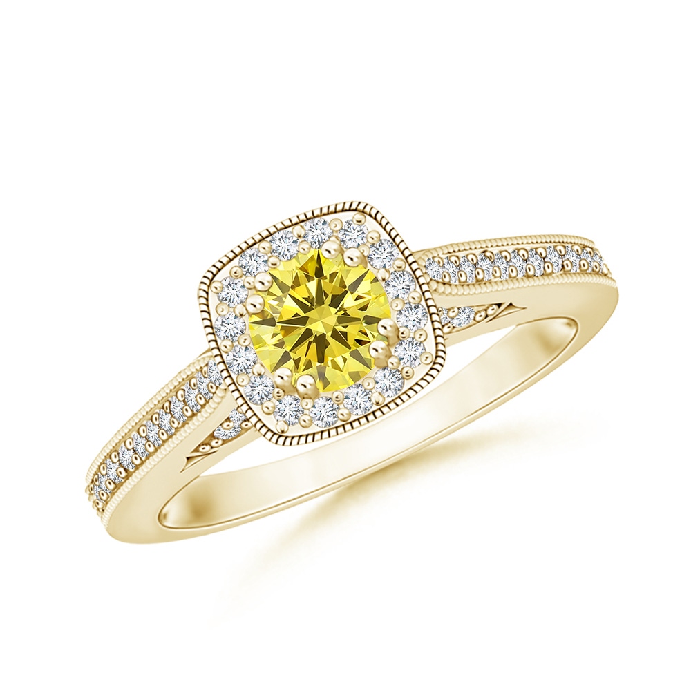 4.5mm Labgrown Round Lab-Grown Fancy Intense Yellow Diamond Cushion Halo Ring with Milgrain in Yellow Gold