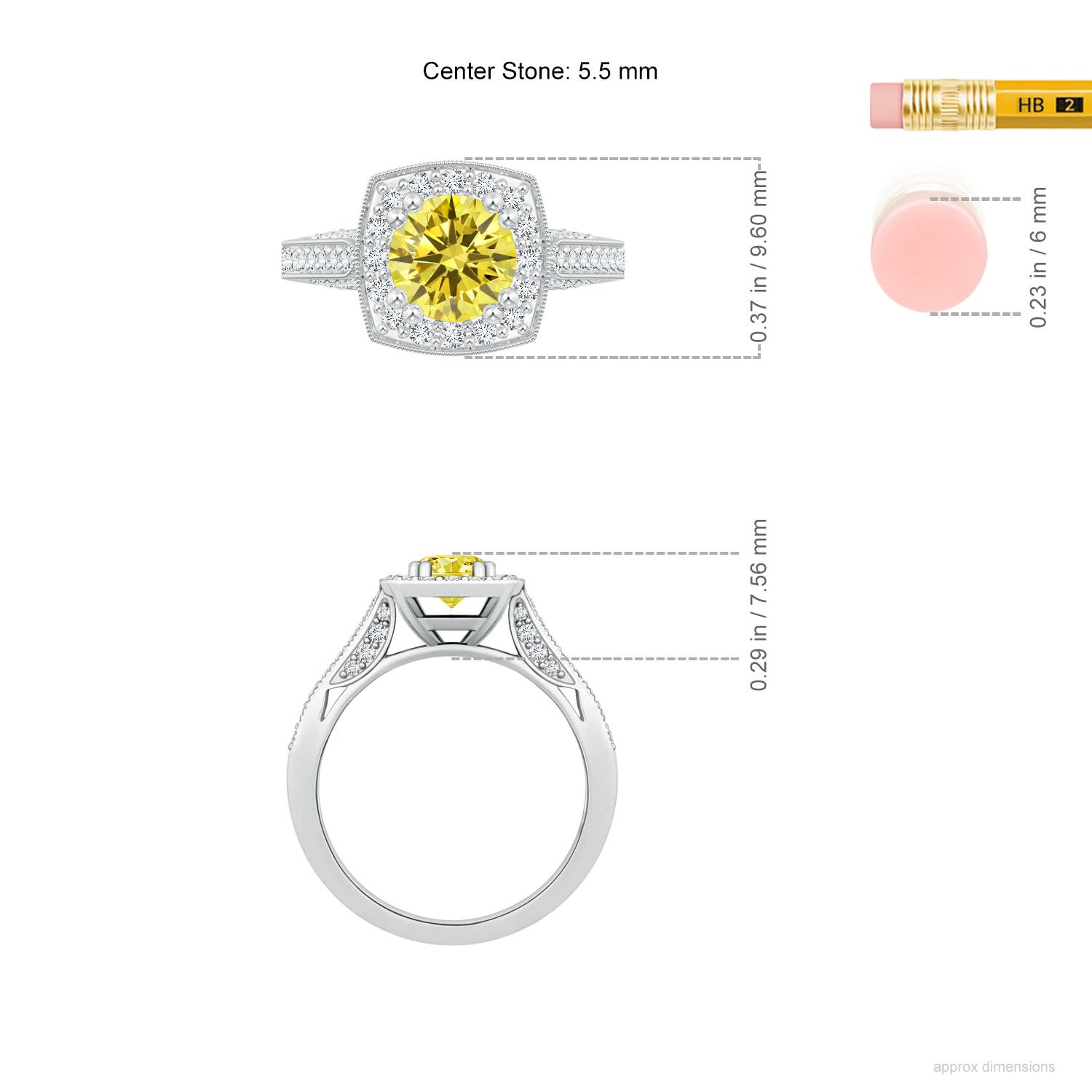 5.5mm Labgrown Round Lab-Grown Fancy Intense Yellow Diamond Cushion Halo Ring with Milgrain in White Gold - ruler