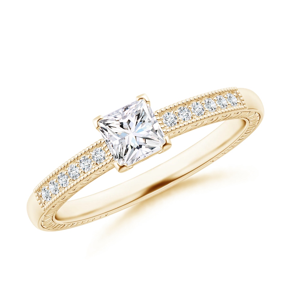 4.2mm FGVS Lab-Grown Princess Cut Diamond Solitaire Ring with Milgrain Detailing in Yellow Gold 