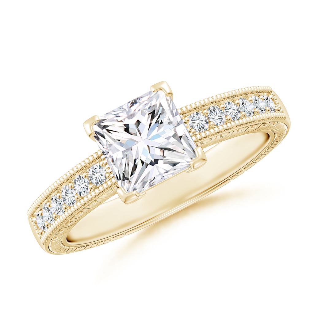 6mm FGVS Lab-Grown Princess Cut Diamond Solitaire Ring with Milgrain Detailing in Yellow Gold