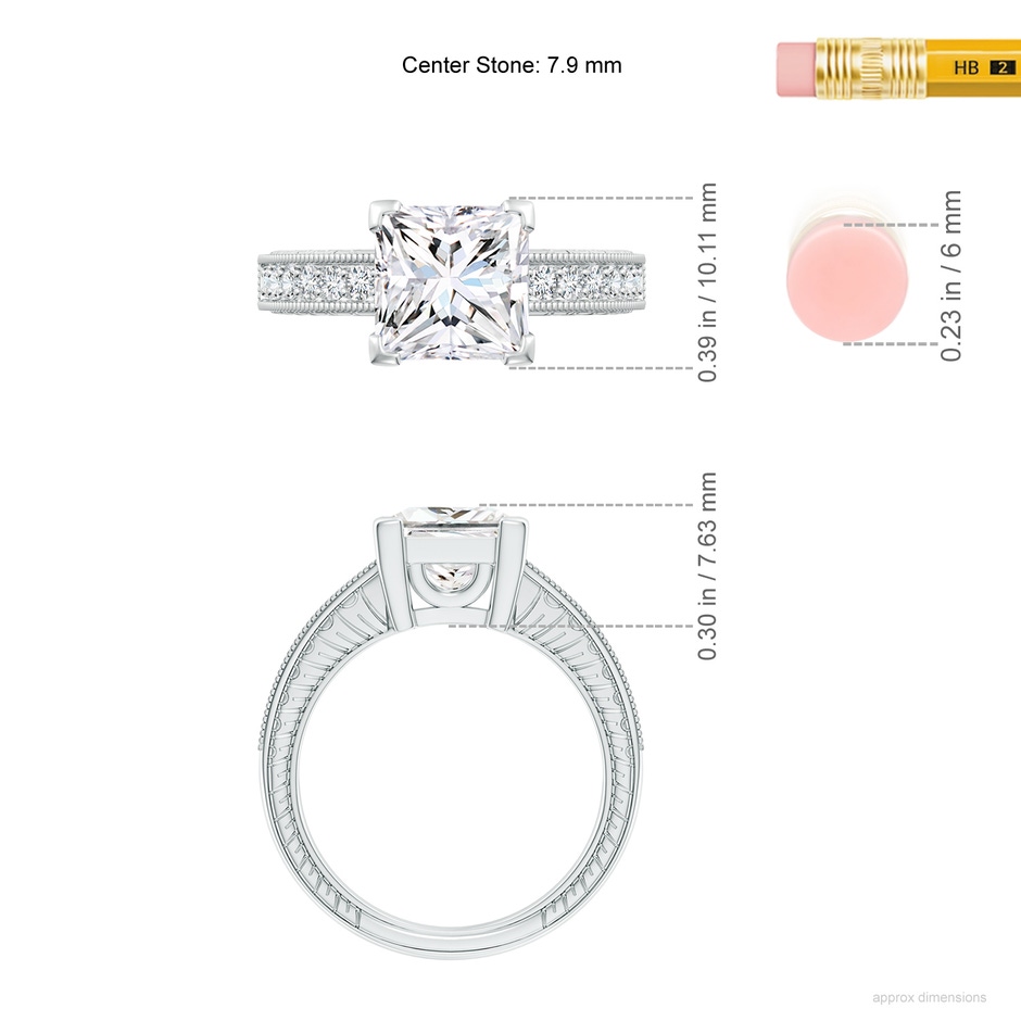 7.9mm FGVS Lab-Grown Princess Cut Diamond Solitaire Ring with Milgrain Detailing in White Gold ruler