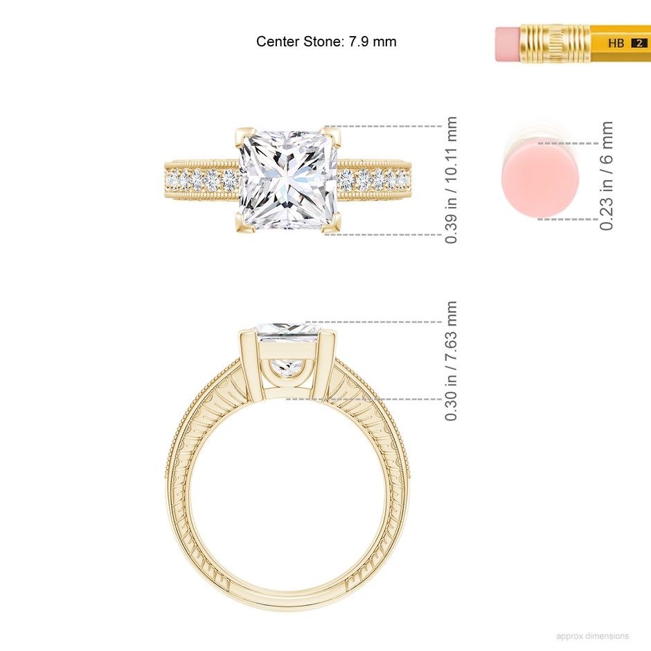 7.9mm FGVS Lab-Grown Princess Cut Diamond Solitaire Ring with Milgrain Detailing in Yellow Gold ruler
