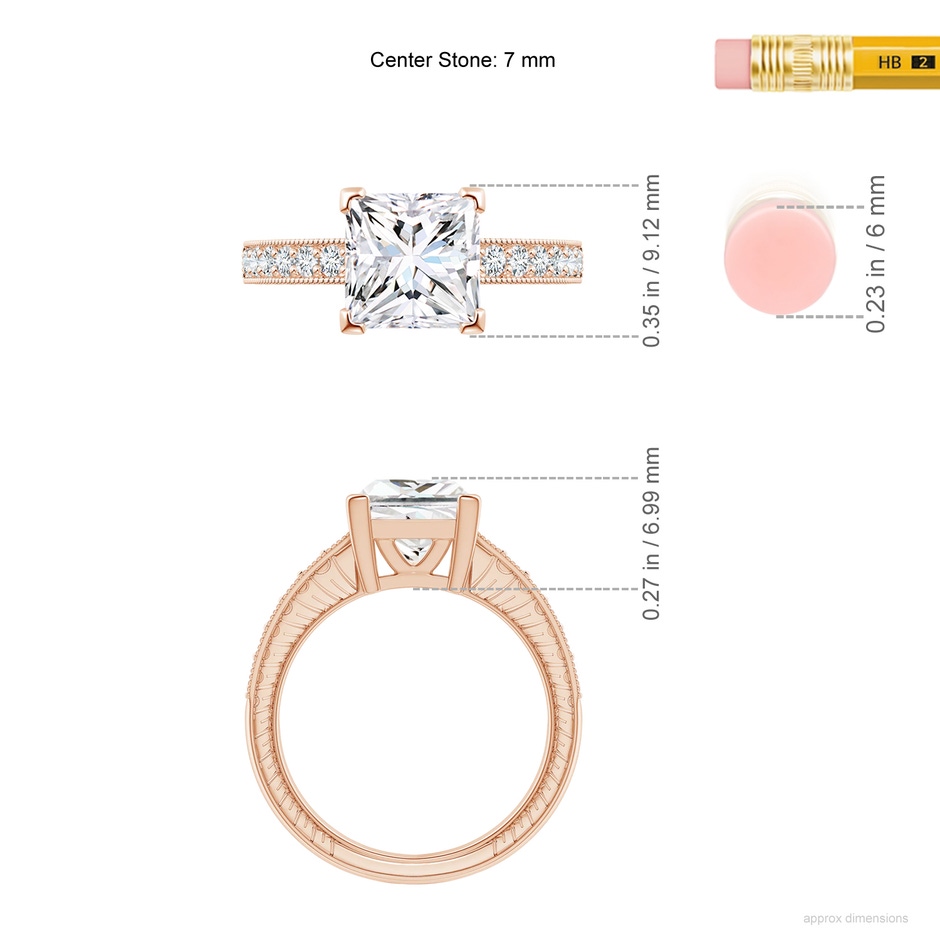 7mm FGVS Lab-Grown Princess Cut Diamond Solitaire Ring with Milgrain Detailing in Rose Gold ruler