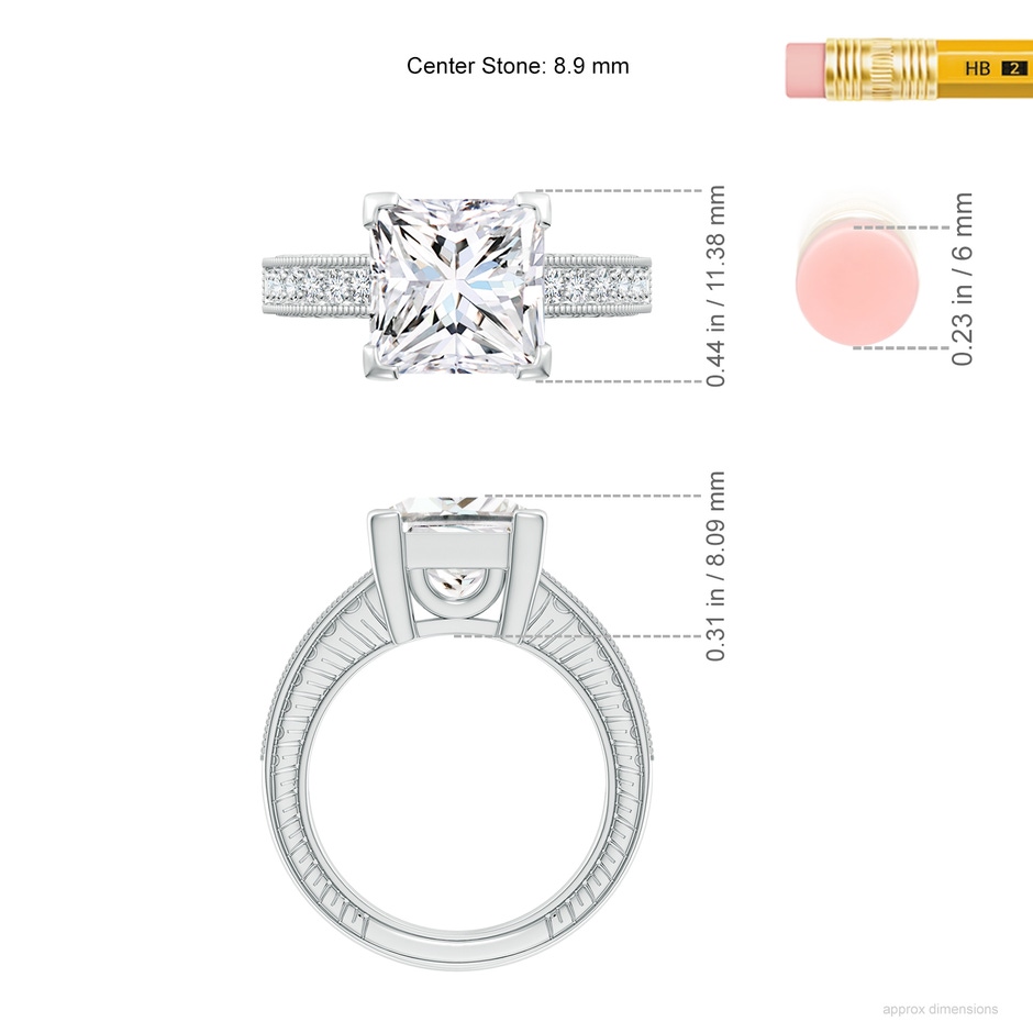 8.9mm FGVS Lab-Grown Princess Cut Diamond Solitaire Ring with Milgrain Detailing in P950 Platinum ruler