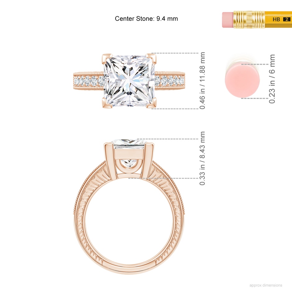 9.4mm FGVS Lab-Grown Princess Cut Diamond Solitaire Ring with Milgrain Detailing in Rose Gold ruler