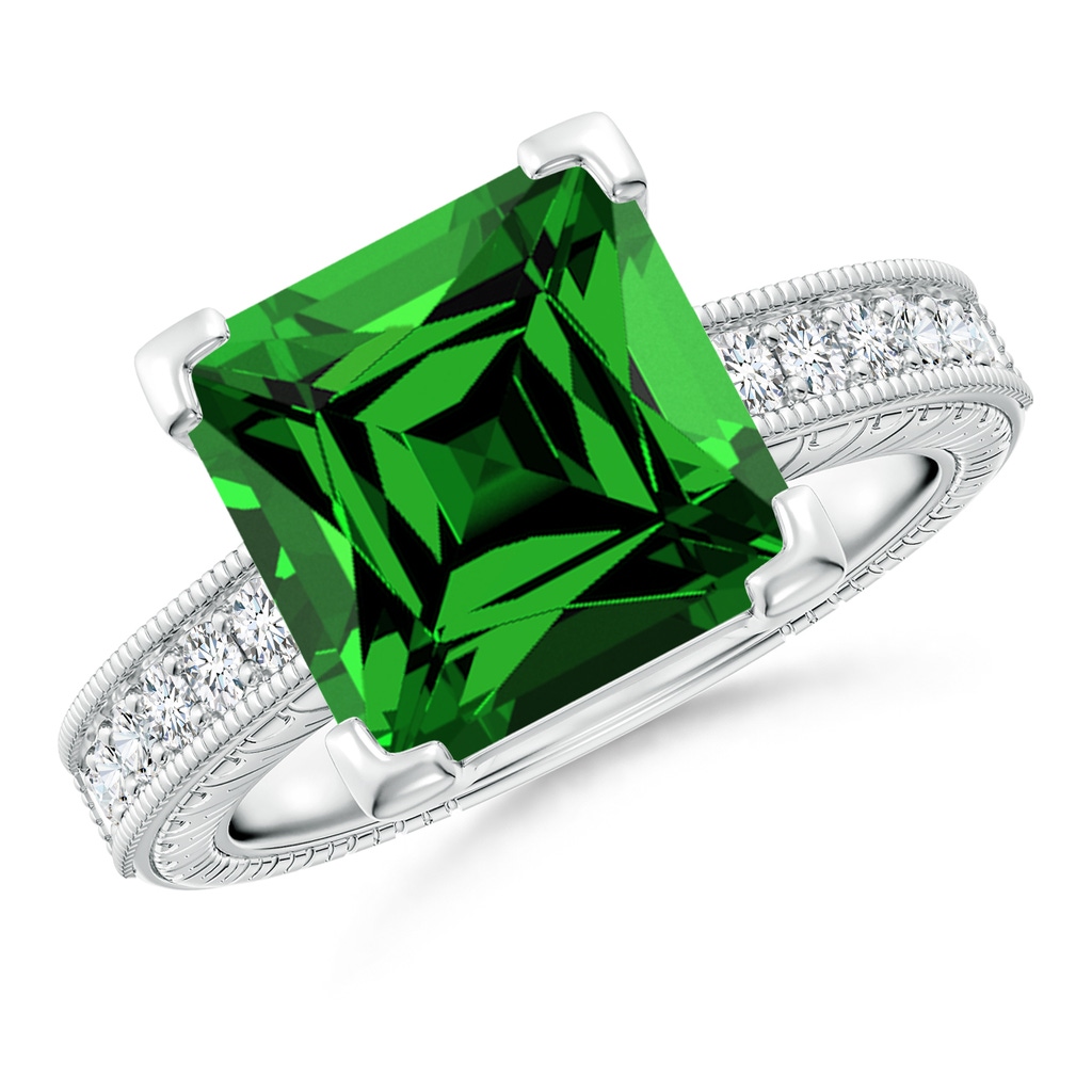10mm Labgrown Lab-Grown Square Cut Emerald Solitaire Ring with Milgrain Detailing in P950 Platinum