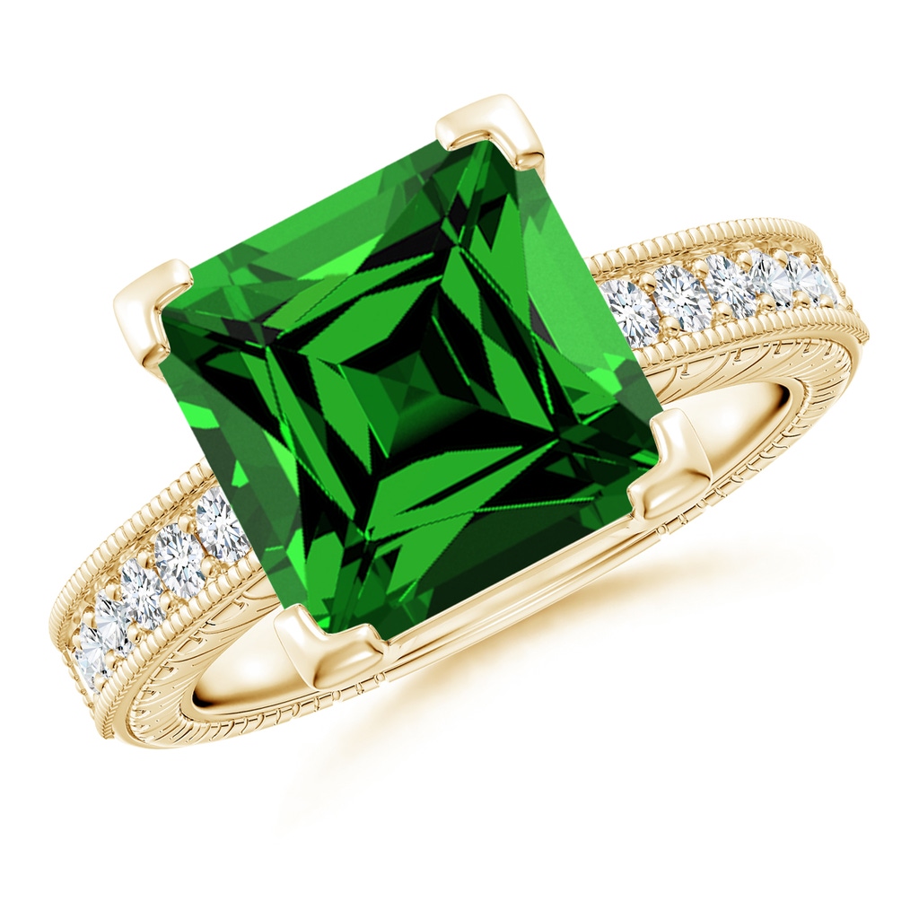 10mm Labgrown Lab-Grown Square Cut Emerald Solitaire Ring with Milgrain Detailing in Yellow Gold