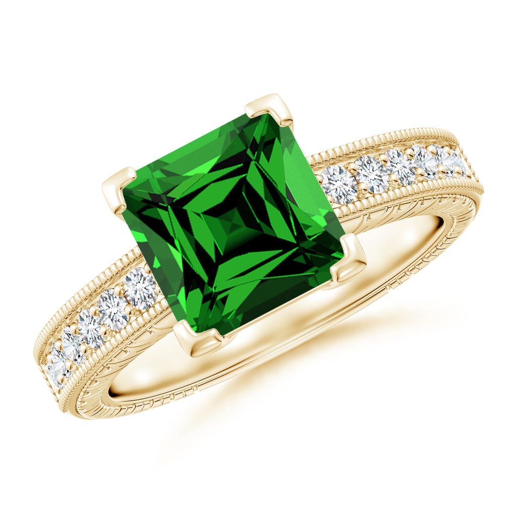 8mm Labgrown Lab-Grown Square Cut Emerald Solitaire Ring with Milgrain Detailing in Yellow Gold