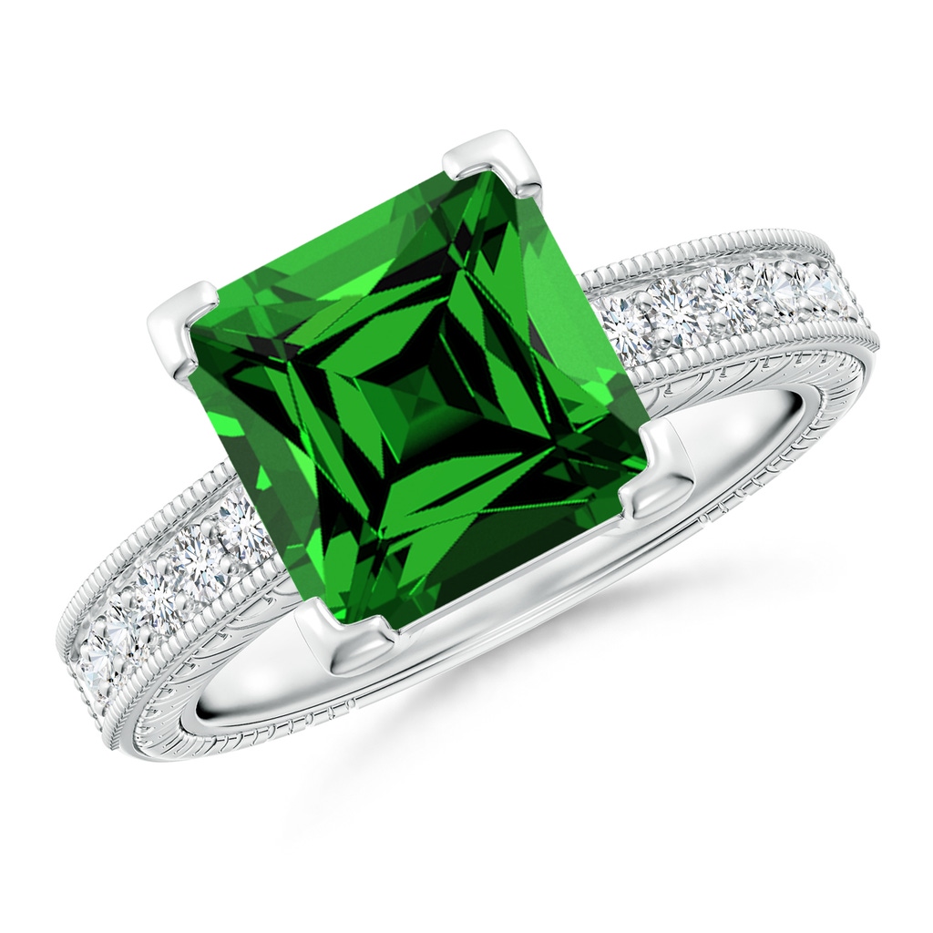 9mm Labgrown Lab-Grown Square Cut Emerald Solitaire Ring with Milgrain Detailing in White Gold