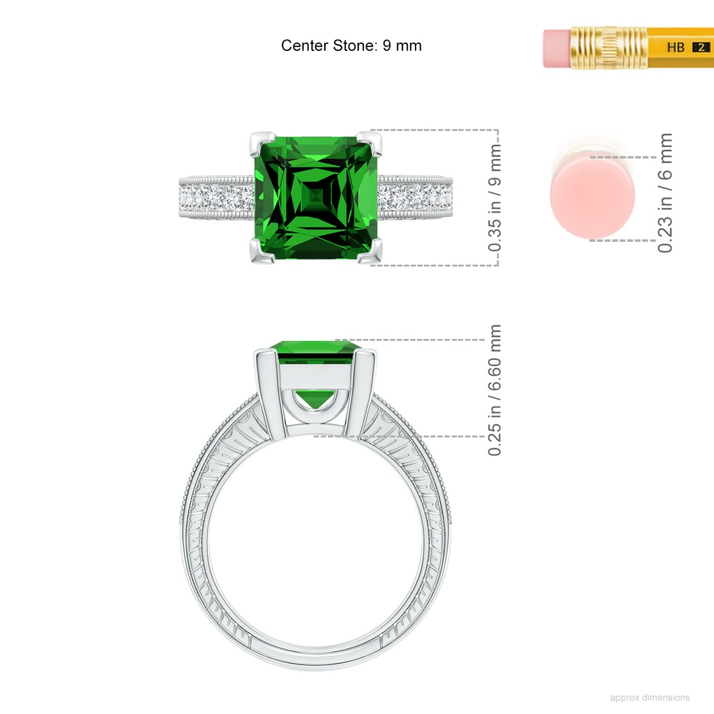 9mm Labgrown Lab-Grown Square Cut Emerald Solitaire Ring with Milgrain Detailing in White Gold ruler