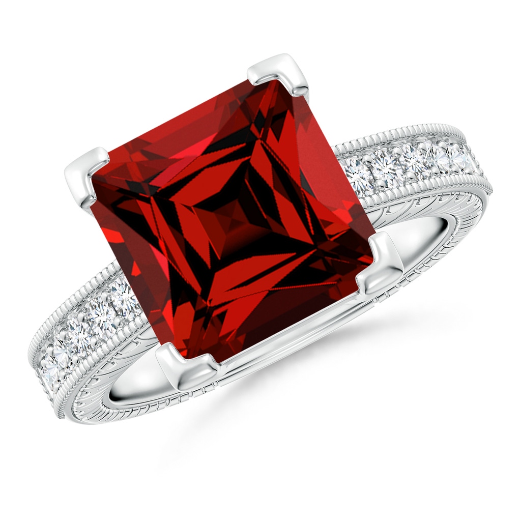 10mm Labgrown Lab-Grown Square Cut Ruby Solitaire Ring with Milgrain Detailing in White Gold