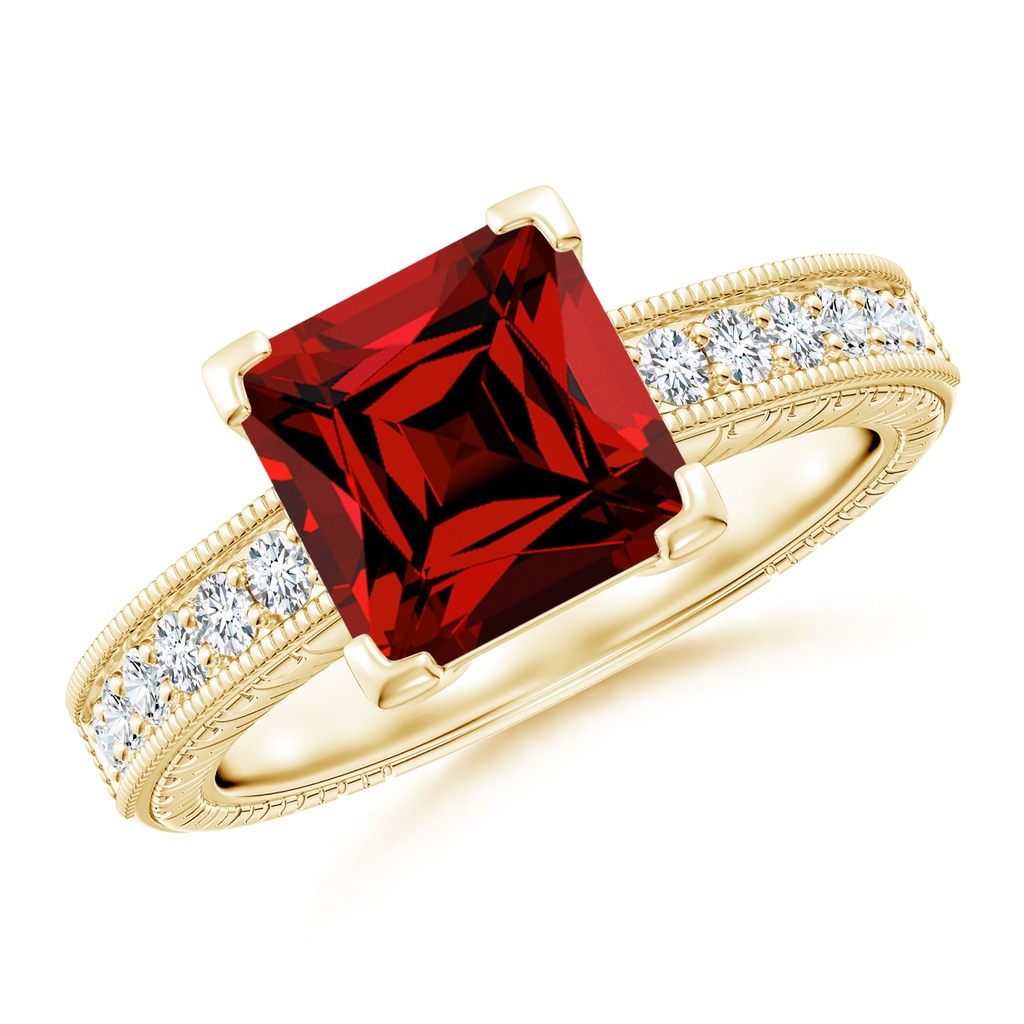 8mm Labgrown Lab-Grown Square Cut Ruby Solitaire Ring with Milgrain Detailing in Yellow Gold