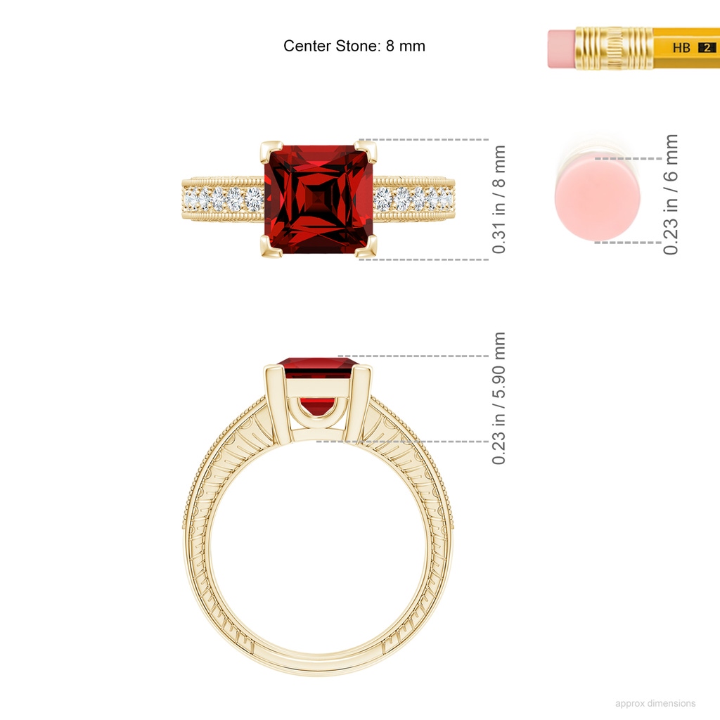 8mm Labgrown Lab-Grown Square Cut Ruby Solitaire Ring with Milgrain Detailing in Yellow Gold ruler