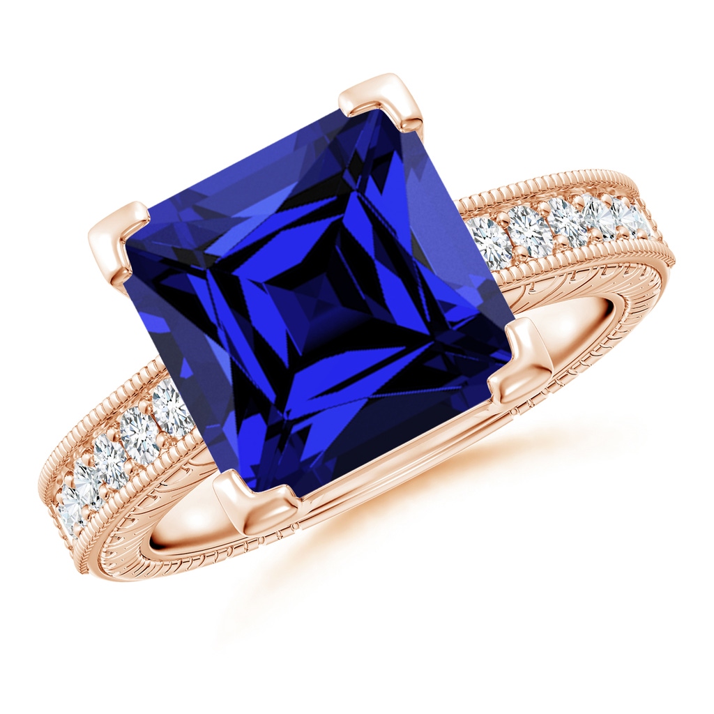 10mm Labgrown Lab-Grown Square Cut Blue Sapphire Solitaire Ring with Milgrain Detailing in Rose Gold
